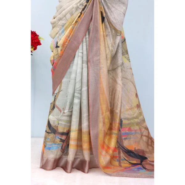 Generic Women's Linen Digital Print Saree With Unstitched Blouse 5.5Mtr (Multicolor) - Image 3