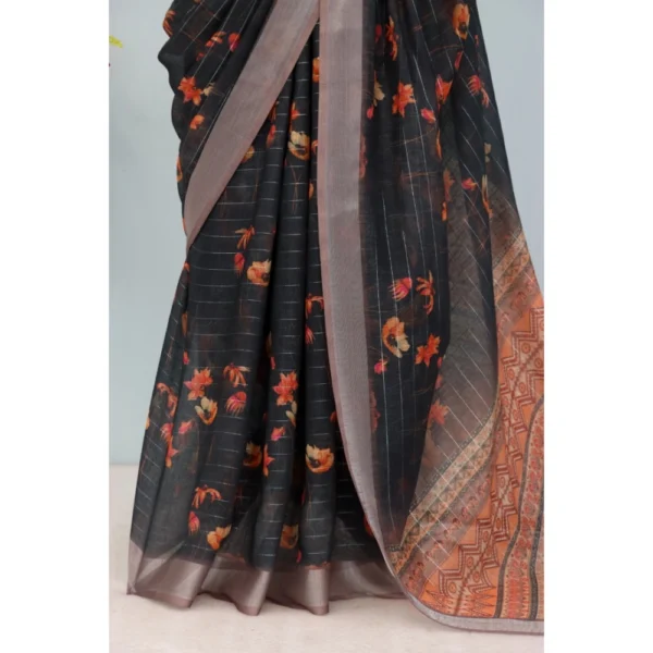Generic Women's Linen Digital Print Saree With Unstitched Blouse 5.5Mtr (Black) - Image 3