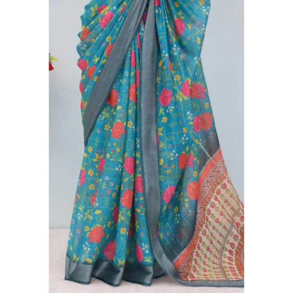 Generic Women's Linen Digital Print Saree With Unstitched Blouse 5.5Mtr (Green) - Image 2