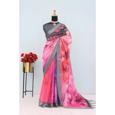 Generic Women's Linen Digital Print Saree With Unstitched Blouse 5.5Mtr (Pink)