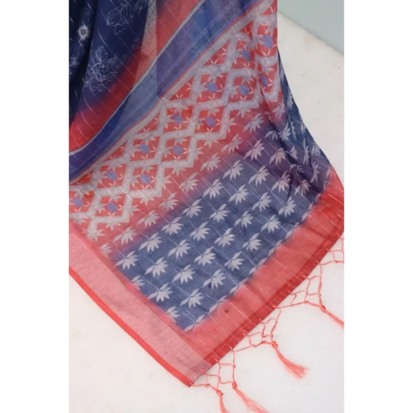 Generic Women's Linen Digital Print Saree With Unstitched Blouse 5.5Mtr (Blue) - Image 2