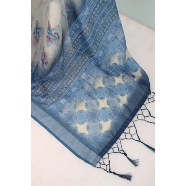 Generic Women's Linen Digital Print Saree With Unstitched Blouse 5.5Mtr (Blue) - Image 3