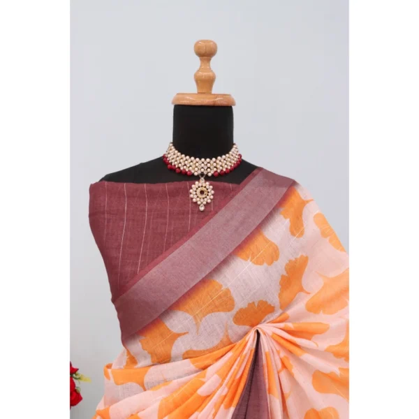Generic Women's Linen Digital Print Saree With Unstitched Blouse 5.5Mtr (Orange) - Image 4