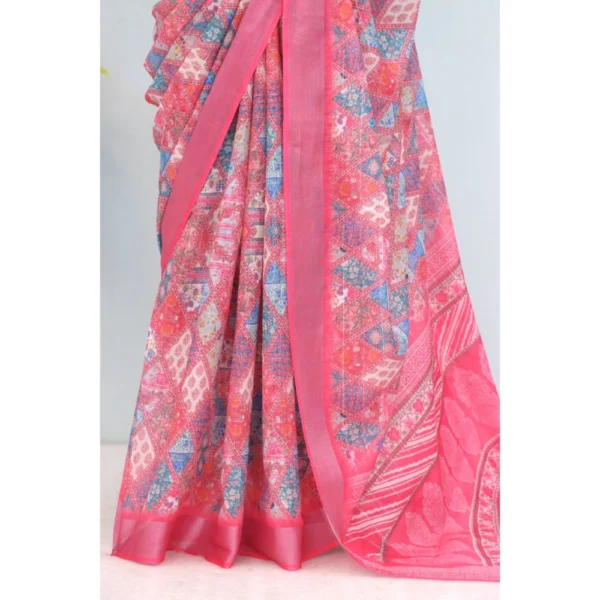Generic Women's Linen Digital Print Saree With Unstitched Blouse 5.5Mtr (Pink) - Image 3