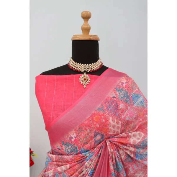 Generic Women's Linen Digital Print Saree With Unstitched Blouse 5.5Mtr (Pink) - Image 4