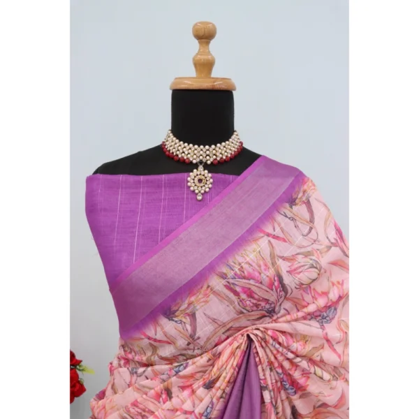 Generic Women's Linen Digital Print Saree With Unstitched Blouse 5.5Mtr (Purple) - Image 4