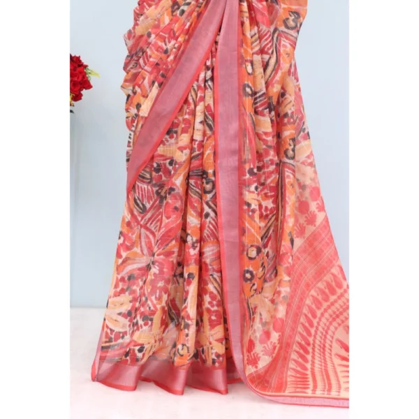 Generic Women's Linen Digital Print Saree With Unstitched Blouse 5.5Mtr (Pink) - Image 3