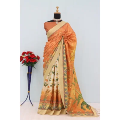 Generic Women's Mysore Silk  Digital Print Saree With Unstitched Blouse 5.5Mtr (Mustard)