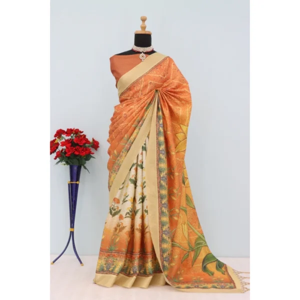 Generic Women's Mysore Silk  Digital Print Saree With Unstitched Blouse 5.5Mtr (Mustard)