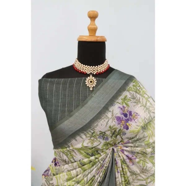 Generic Women's Linen Digital Print Saree With Unstitched Blouse 5.5Mtr (Green) - Image 4