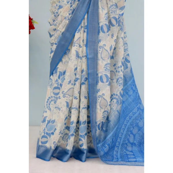 Generic Women's Linen Digital Print Saree With Unstitched Blouse 5.5Mtr (Blue) - Image 3