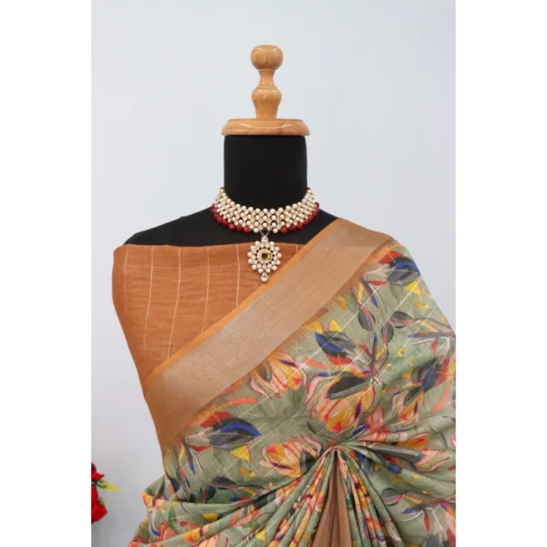Generic Women's Linen Digital Print Saree With Unstitched Blouse 5.5Mtr (Beige) - Image 4