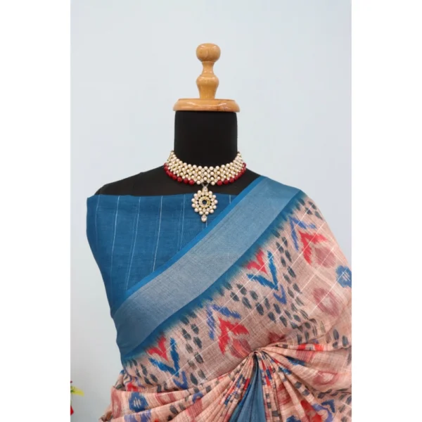 Generic Women's Linen Digital Print Saree With Unstitched Blouse 5.5Mtr (Multicolor) - Image 4