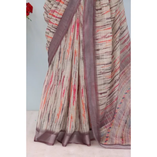 Generic Women's Linen Digital Print Saree With Unstitched Blouse 5.5Mtr (Grey) - Image 3