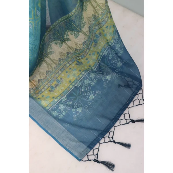 Generic Women's Linen Digital Print Saree With Unstitched Blouse 5.5Mtr (Sky Blue) - Image 2