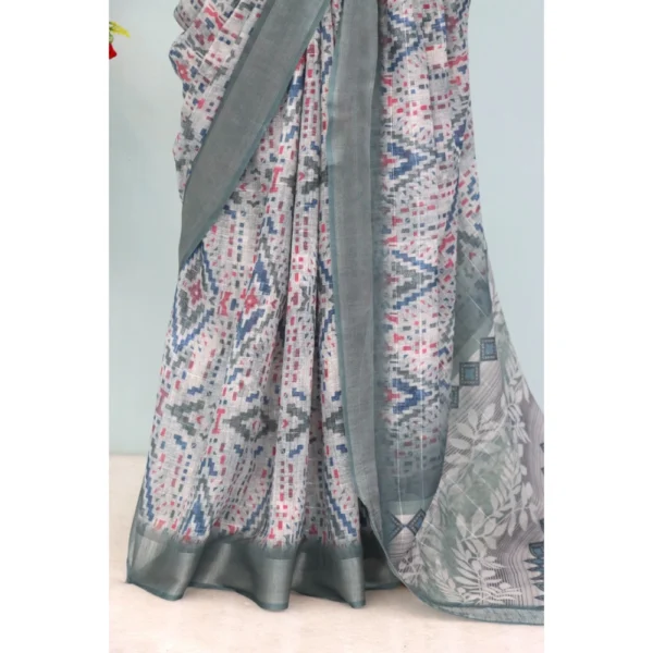 Generic Women's Linen Digital Print Saree With Unstitched Blouse 5.5Mtr (Grey) - Image 3