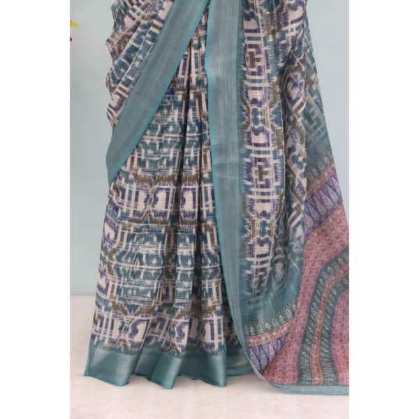 Generic Women's Linen Digital Print Saree With Unstitched Blouse 5.5Mtr (Green) - Image 3