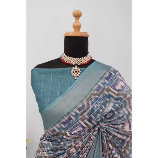 Generic Women's Linen Digital Print Saree With Unstitched Blouse 5.5Mtr (Green) - Image 2