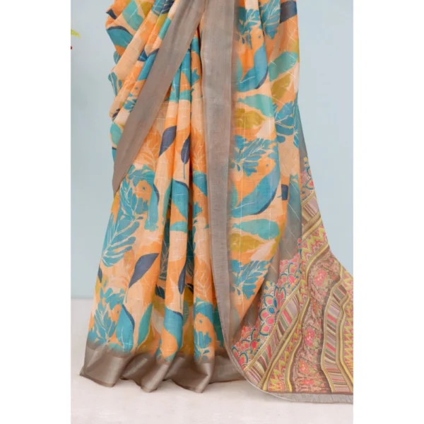 Generic Women's Linen Digital Print Saree With Unstitched Blouse 5.5Mtr (Green) - Image 2