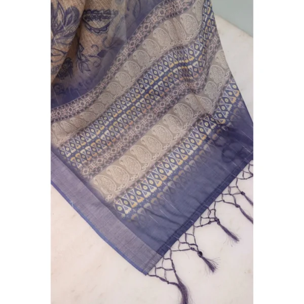 Generic Women's Linen Digital Print Saree With Unstitched Blouse 5.5Mtr (Blue) - Image 2