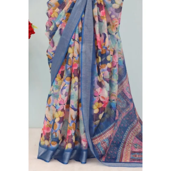 Generic Women's Linen Digital Print Saree With Unstitched Blouse 5.5Mtr (Blue) - Image 3