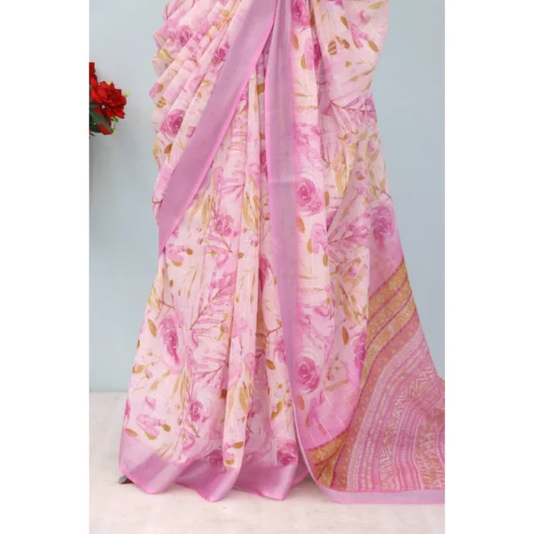 Generic Women's Linen Digital Print Saree With Unstitched Blouse 5.5Mtr (Pink) - Image 3