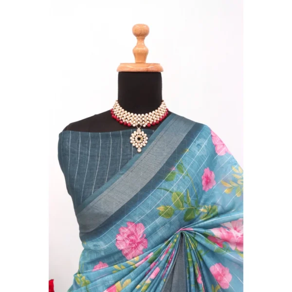 Generic Women's Linen Digital Print Saree With Unstitched Blouse 5.5Mtr (Green) - Image 4