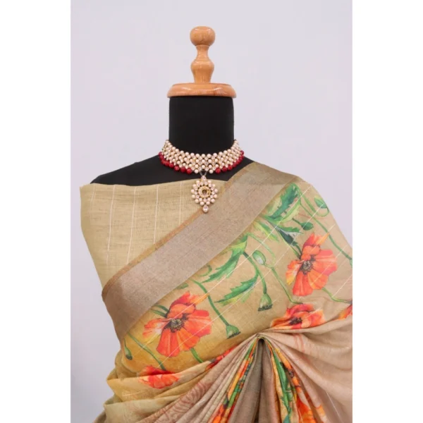 Generic Women's Linen Digital Print Saree With Unstitched Blouse 5.5Mtr (Multicolor) - Image 4