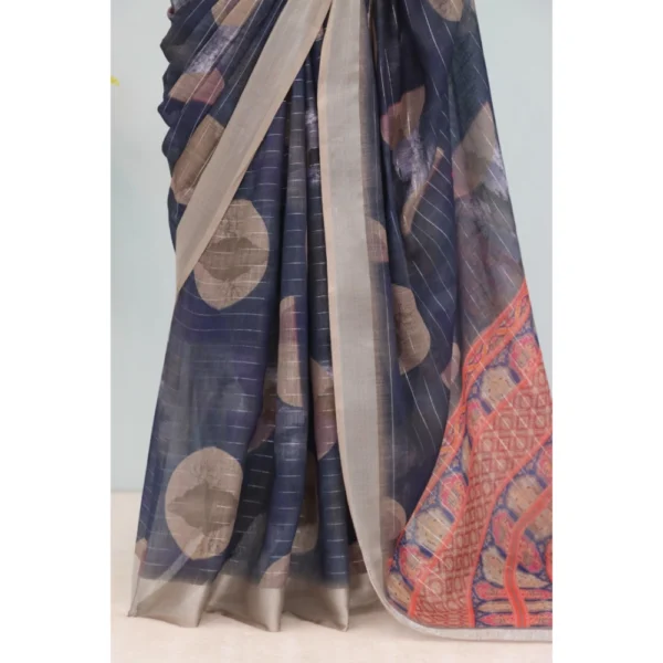 Generic Women's Linen Digital Print Saree With Unstitched Blouse 5.5Mtr (Blue) - Image 3