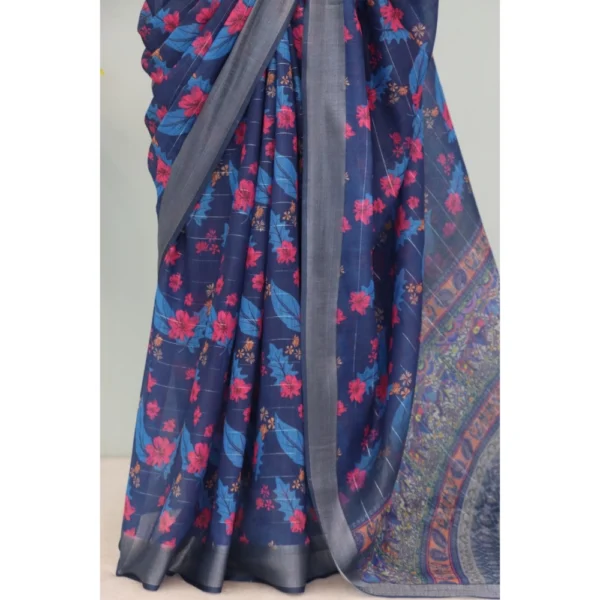 Generic Women's Linen Digital Print Saree With Unstitched Blouse 5.5Mtr (Blue) - Image 3