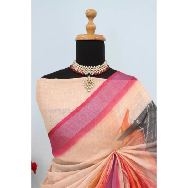 Generic Women's Linen Digital Print Saree With Unstitched Blouse 5.5Mtr (Multicolor) - Image 4