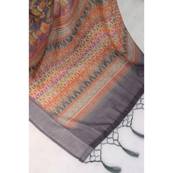 Generic Women's Linen Digital Print Saree With Unstitched Blouse 5.5Mtr (Grey) - Image 4