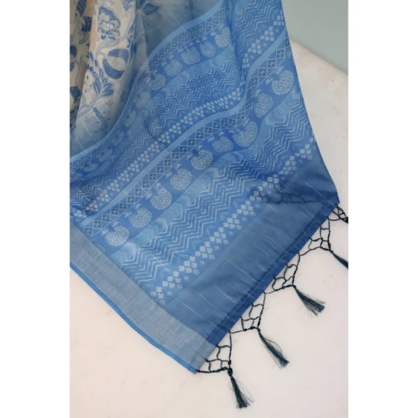 Generic Women's Linen Digital Print Saree With Unstitched Blouse 5.5Mtr (Blue) - Image 2