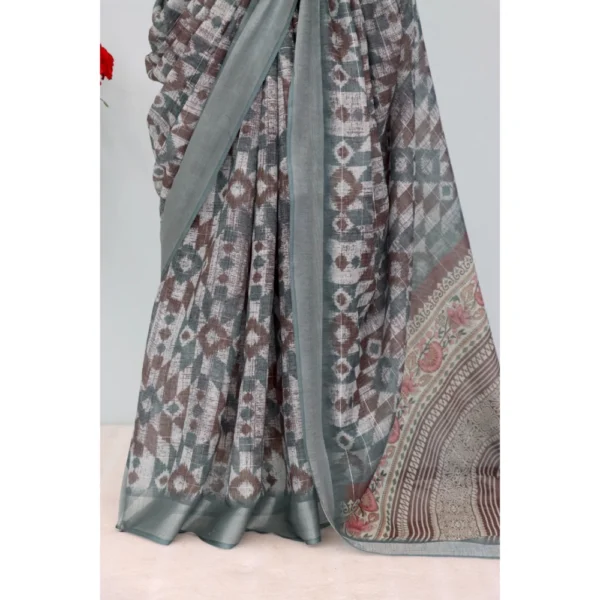 Generic Women's Linen Digital Print Saree With Unstitched Blouse 5.5Mtr (Grey) - Image 3