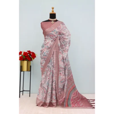 Generic Women's Linen Digital Print Saree With Unstitched Blouse 5.5Mtr (Brown)