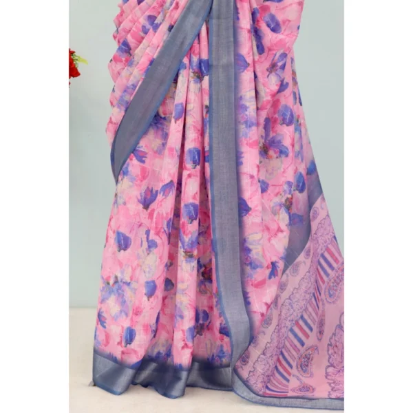 Generic Women's Linen Digital Print Saree With Unstitched Blouse 5.5Mtr (Multicolor) - Image 3