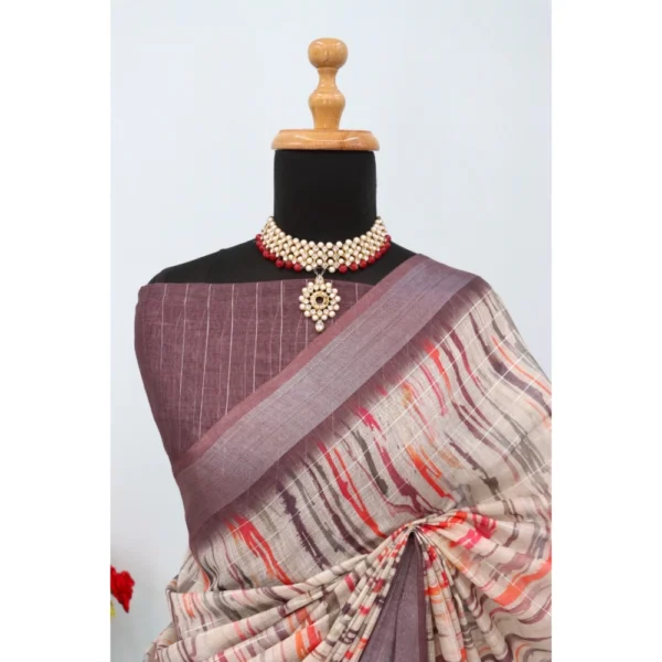 Generic Women's Linen Digital Print Saree With Unstitched Blouse 5.5Mtr (Grey) - Image 4