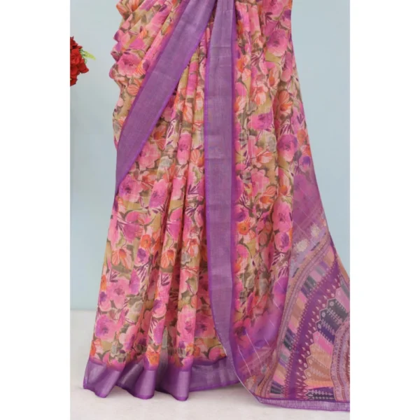 Generic Women's Linen Digital Print Saree With Unstitched Blouse 5.5Mtr (Purple) - Image 3
