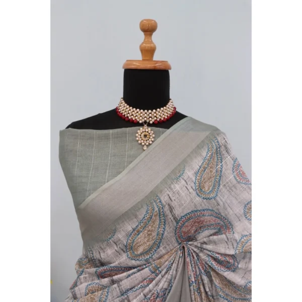 Generic Women's Linen Digital Print Saree With Unstitched Blouse 5.5Mtr (Grey) - Image 4