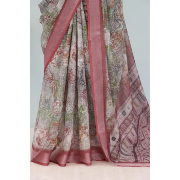 Generic Women's Linen Digital Print Saree With Unstitched Blouse 5.5Mtr (Multicolor) - Image 3