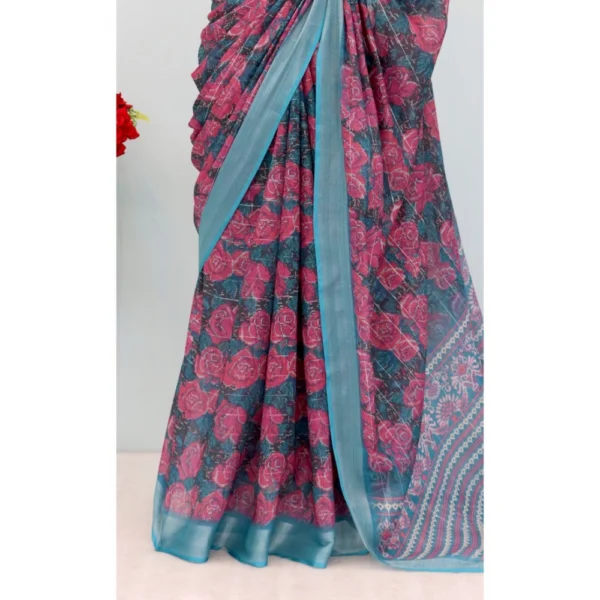 Generic Women's Linen Digital Print Saree With Unstitched Blouse 5.5Mtr (Blue) - Image 2