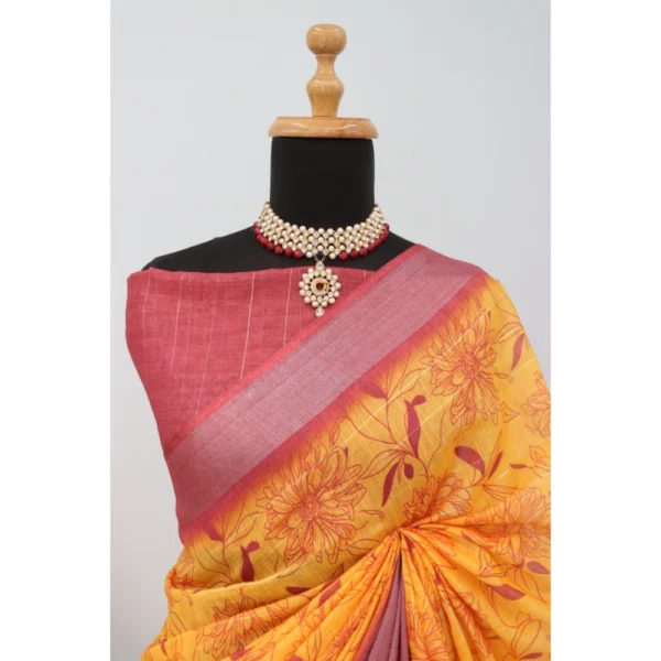 Generic Women's Linen Digital Print Saree With Unstitched Blouse 5.5Mtr (Mustard) - Image 4