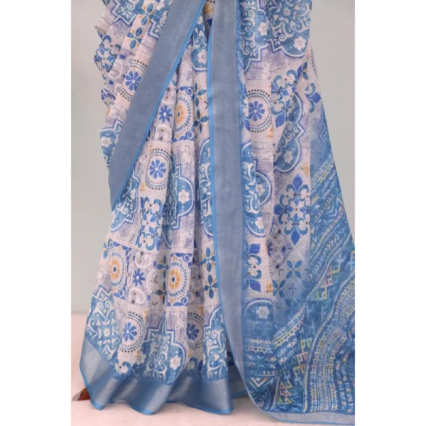 Generic Women's Linen Digital Print Saree With Unstitched Blouse 5.5Mtr (Blue) - Image 3
