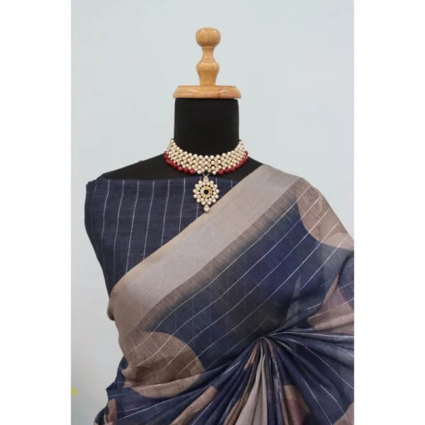 Generic Women's Linen Digital Print Saree With Unstitched Blouse 5.5Mtr (Blue) - Image 4