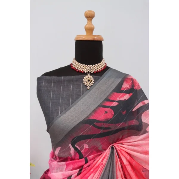 Generic Women's Linen Digital Print Saree With Unstitched Blouse 5.5Mtr (Pink) - Image 4