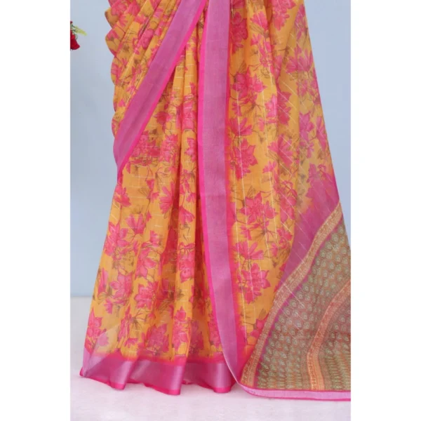 Generic Women's Linen Digital Print Saree With Unstitched Blouse 5.5Mtr (Yellow) - Image 3