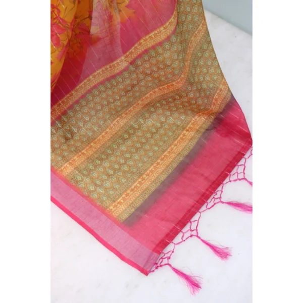 Generic Women's Linen Digital Print Saree With Unstitched Blouse 5.5Mtr (Yellow) - Image 4