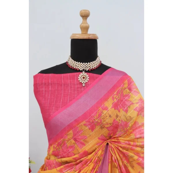 Generic Women's Linen Digital Print Saree With Unstitched Blouse 5.5Mtr (Yellow) - Image 2