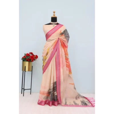 Generic Women's Linen Digital Print Saree With Unstitched Blouse 5.5Mtr (Multicolor)
