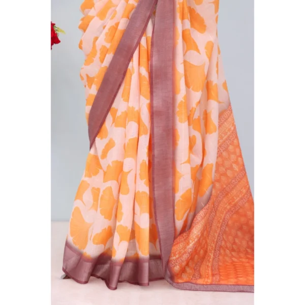 Generic Women's Linen Digital Print Saree With Unstitched Blouse 5.5Mtr (Orange) - Image 3